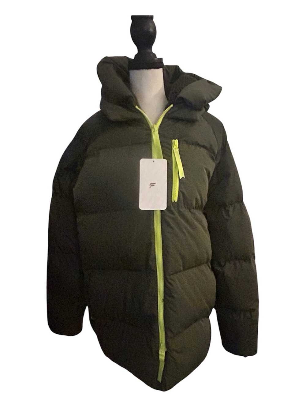 NWT Fabletics Olive Green Puffer Jacket with Neon Yellow Zippers